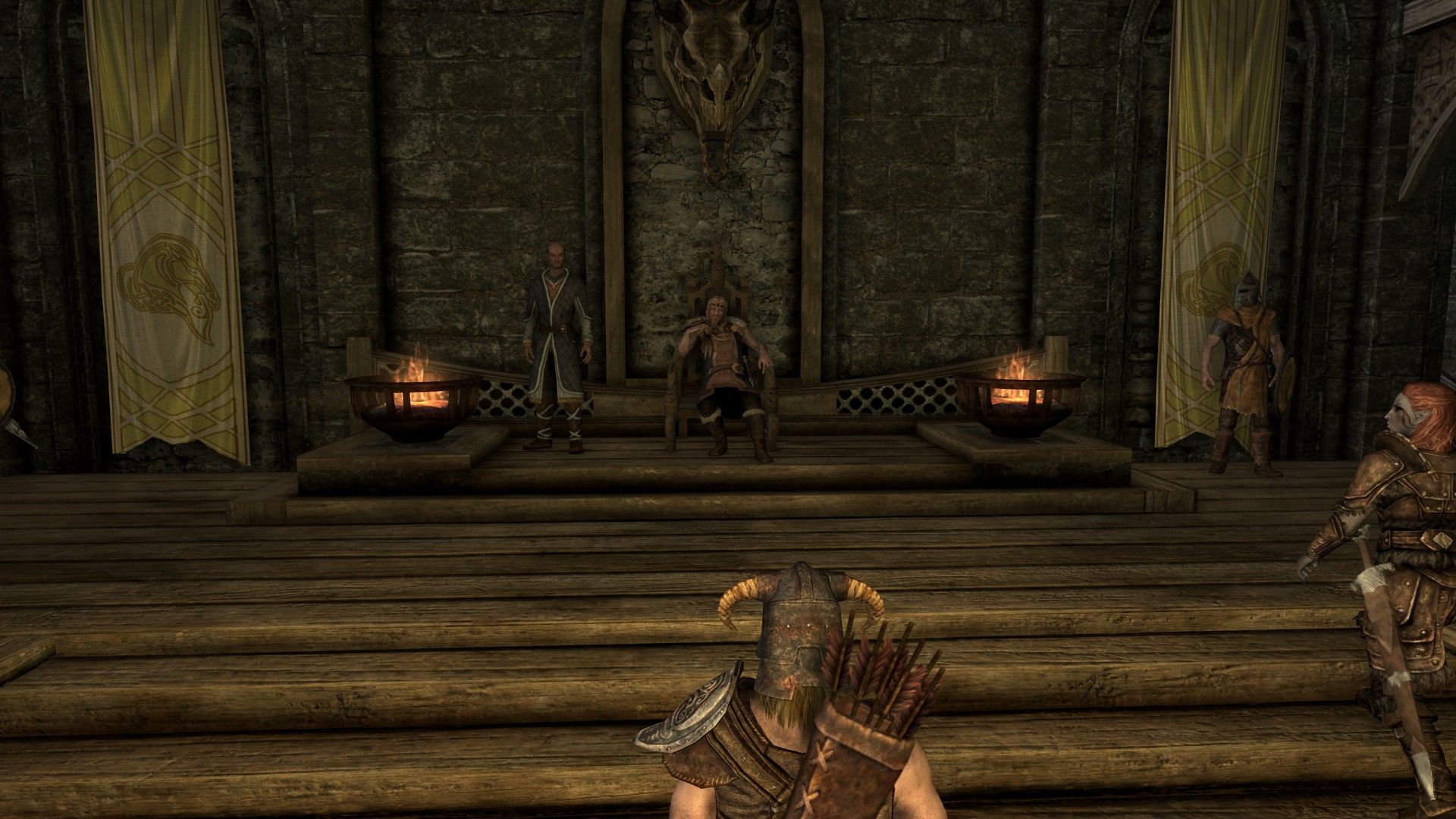A king slumps in his throne before an armed adventurer.