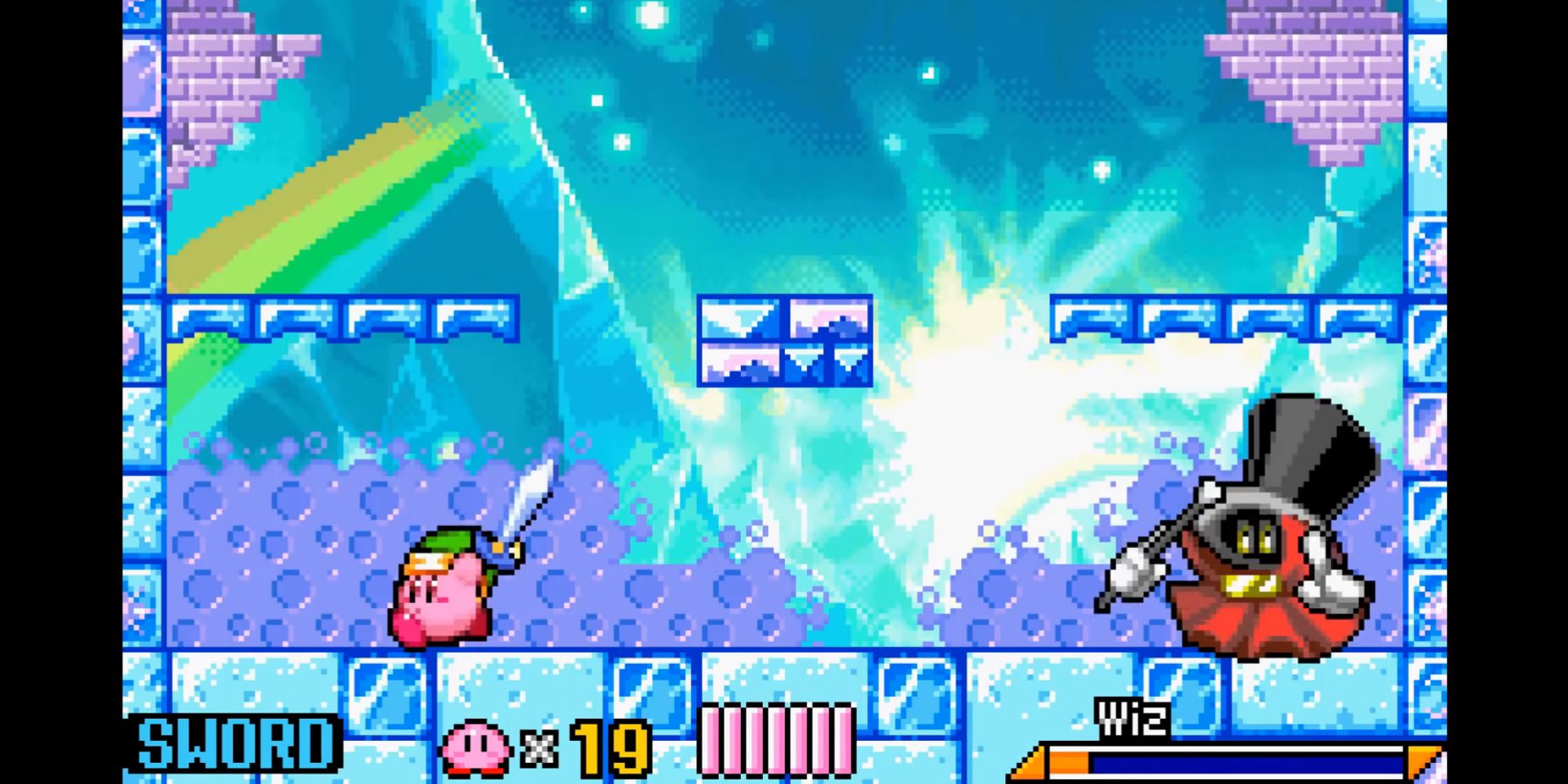 Wiz facing off against Kirby in Kirby and the Amazing Mirror's icy-blue Peppermint Palace.