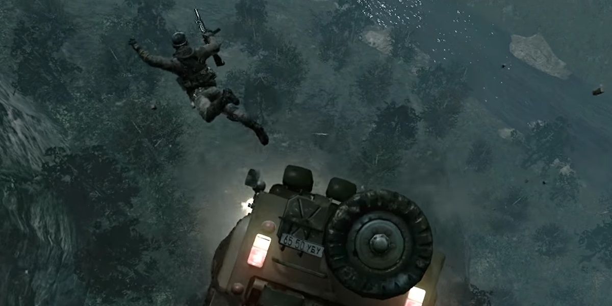 Yuri jumping out of the vehicle in the Stronghold mission in Call of Duty: Modern Warfare 3.