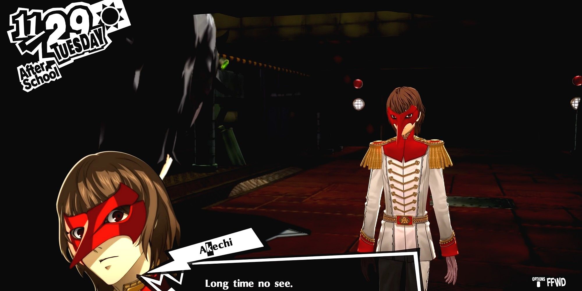 akechi approaching the group to start the black mask fight in shido's palace