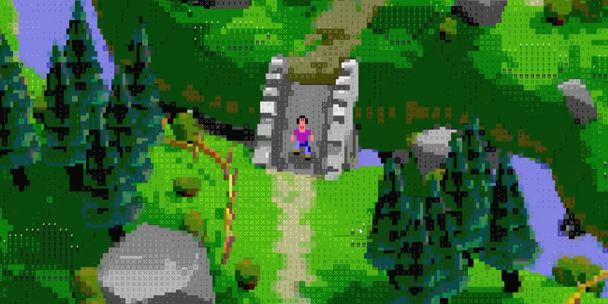 A screenshot from ASCIICKER, showing the main character walking over a stone bridge