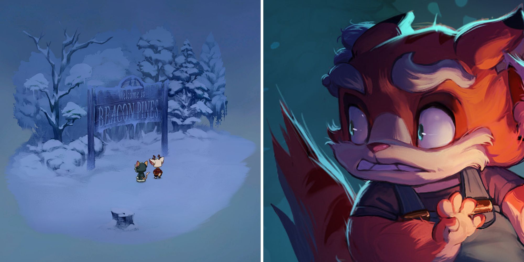 Left - Beacon Pines in the snow, Right - Rolo looks to his side with fear in his eyes