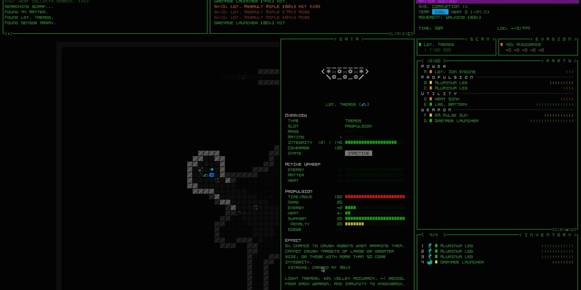 A screenshot from Cogmind, showing the player robot investigating a new set of treads
