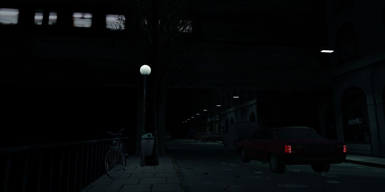 Cry Of Fear screenshot showing a street at night with a car stopped and a train passing overhead.