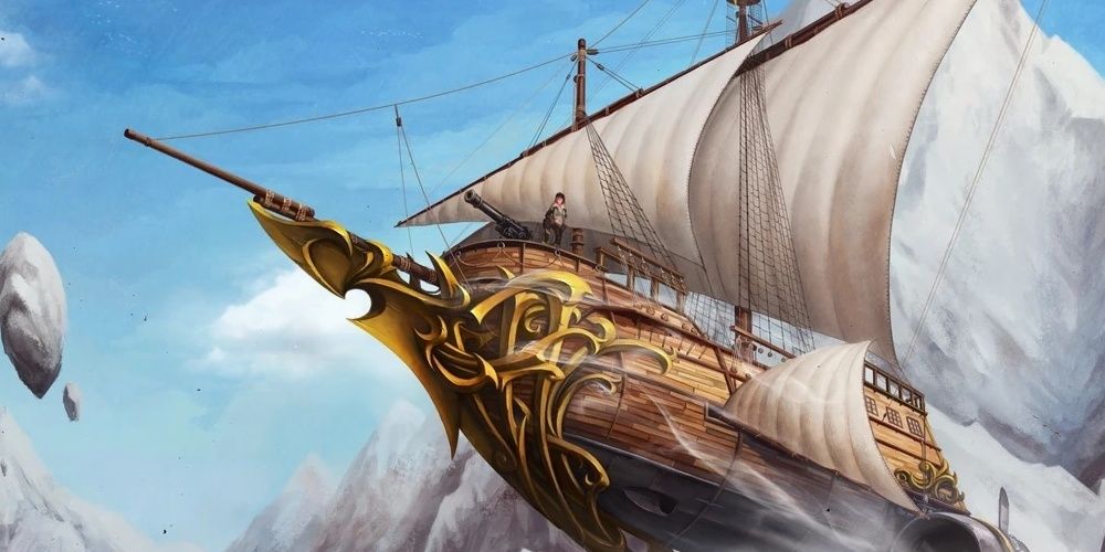 Dungeons and Dragons Spelljammer Galleon Ship Flying Over Mountains