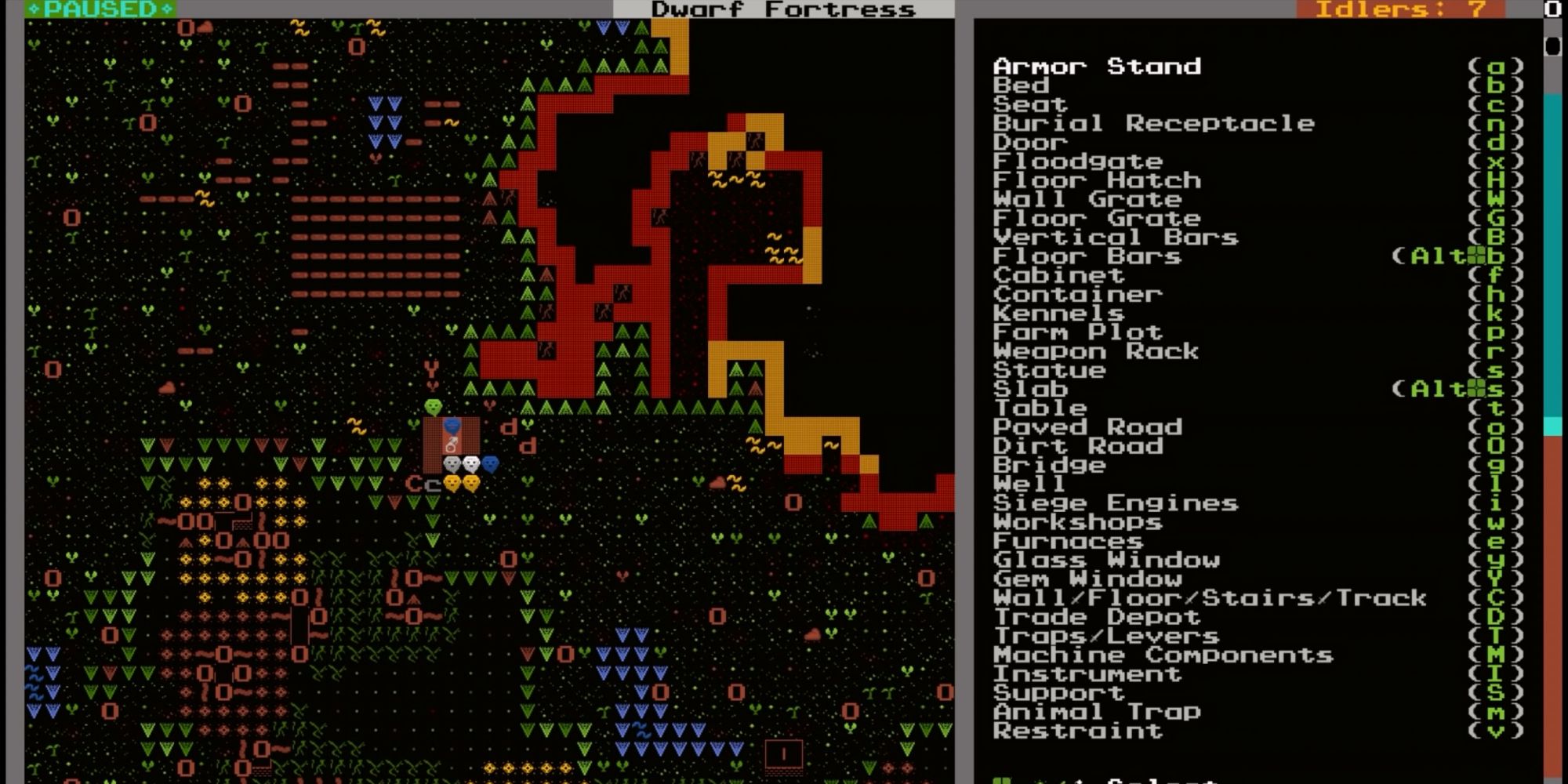 A screenshot from Dwarf Fortress, showing the player selecting items to place in the world