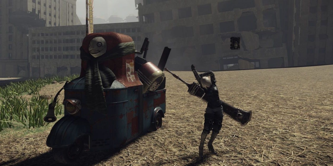 Emil in his truck next to 2B in Nier Automata