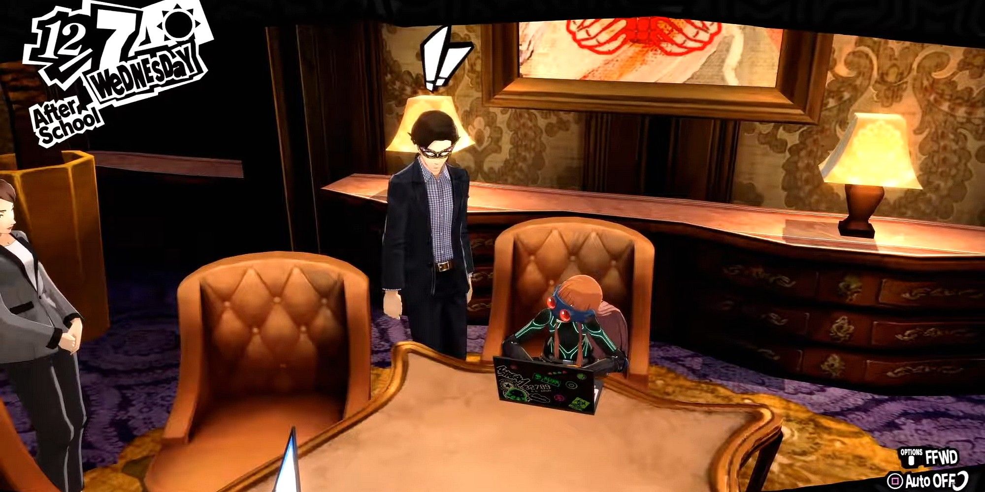 futaba speaking to the shadow it president on shido's ship before their fight