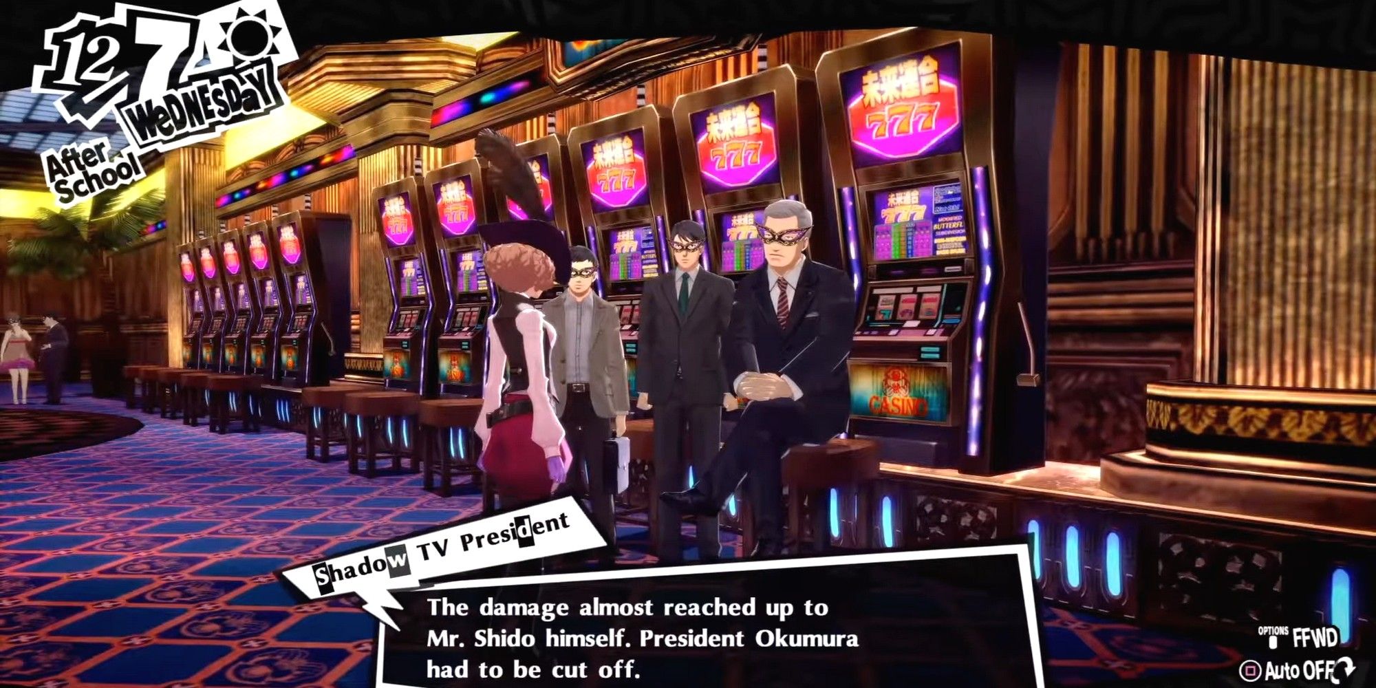 haru speaking to the shadow tv president on shido's ship