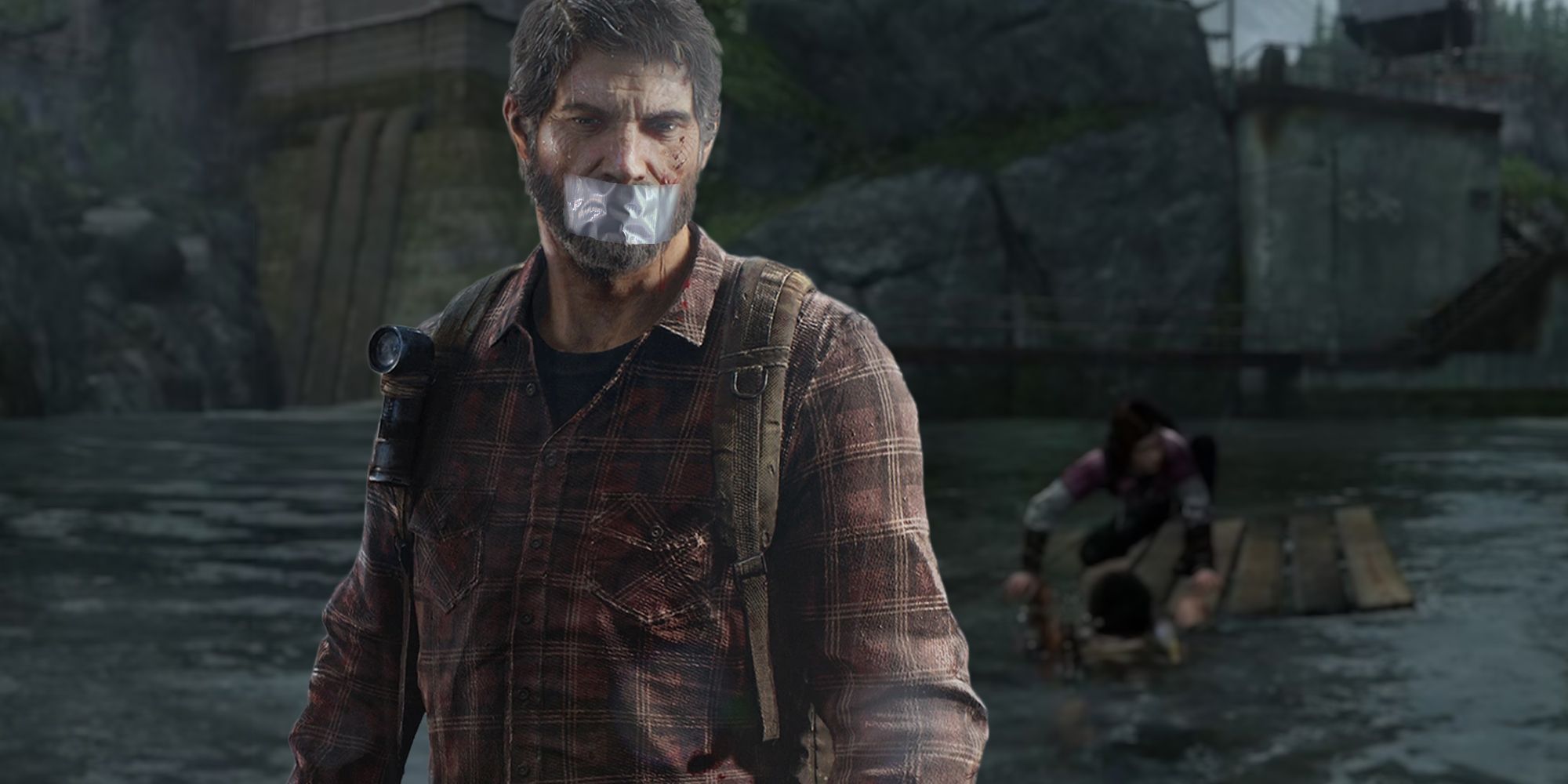 Joel from TLOU with tape over this mouth.