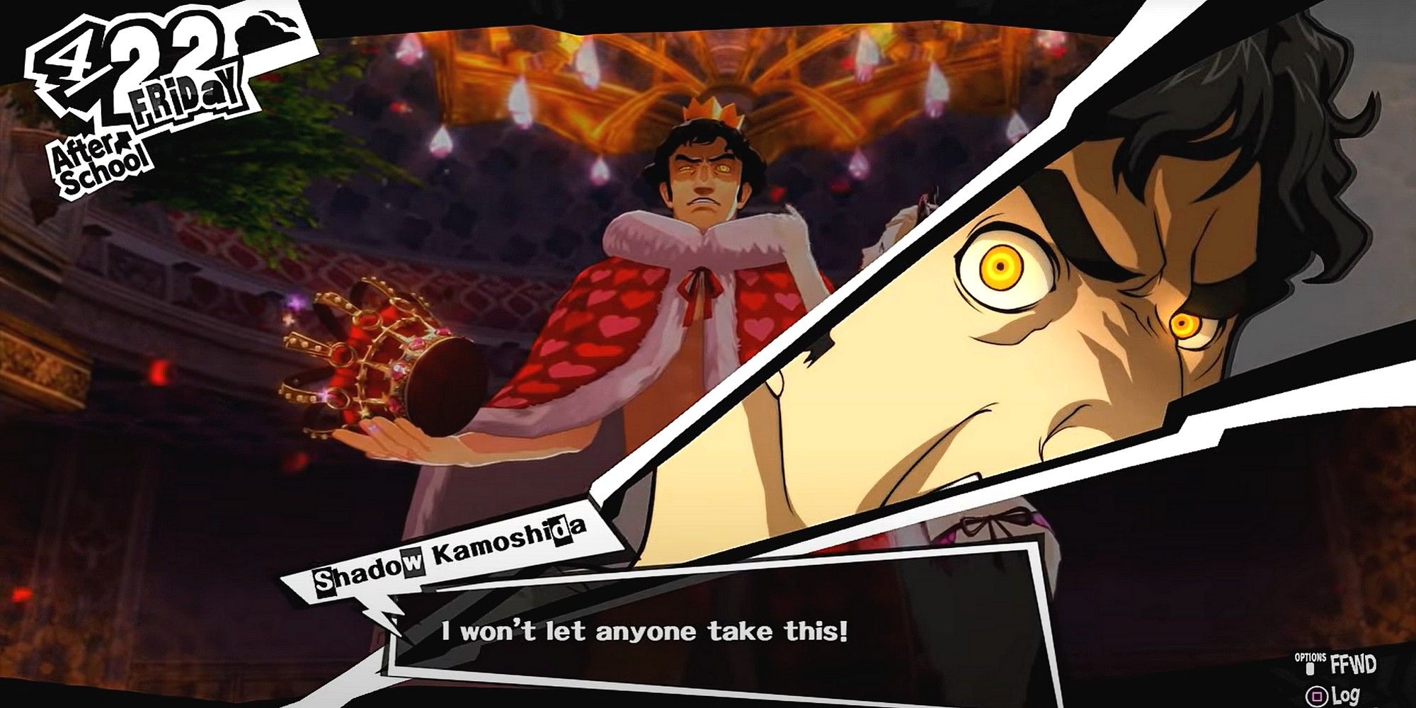 kamoshida in his castle with his treasure crown before the boss battle