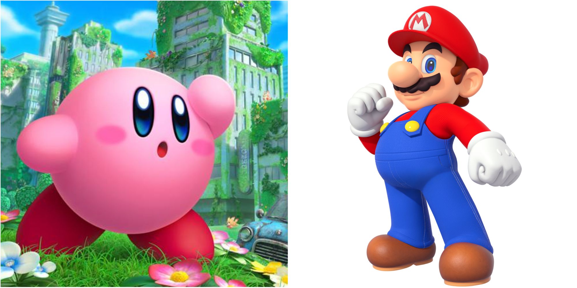 split image of kirby and the mario party mario render