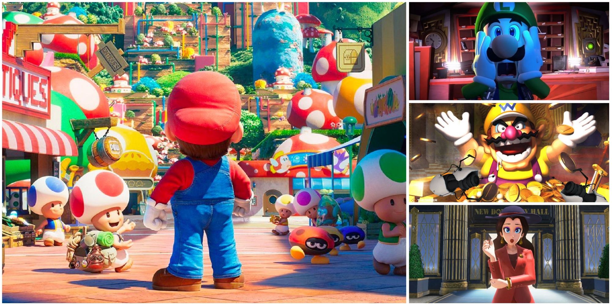 Collage of images including Mario and Toads from The Super Mario Bros Movie (left), Luigi screaming from Luigi's Mansion 3 (top right), Wario in a pile of coins from Wario World (center right), and Pauline from Super Mario Odyssey (bottom right)