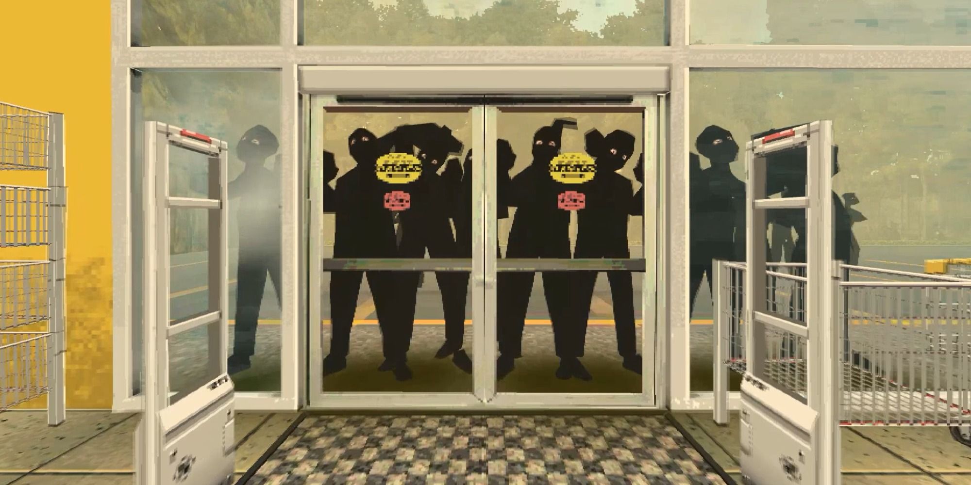 Night Of The Consumers screenshot showing a crowd of customers banging on the entrance doors.
