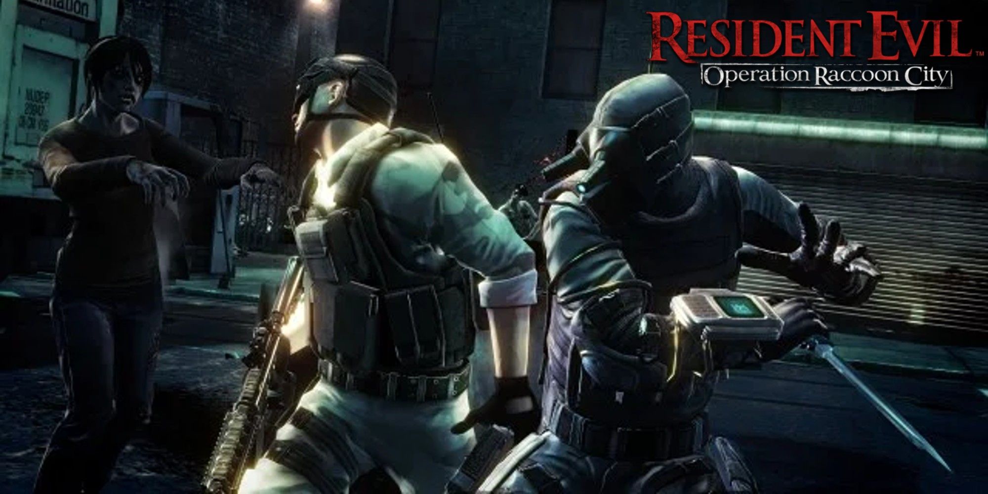 A zombie sneaks up on the main protagonist in Resident Evil Operation Raccoon City