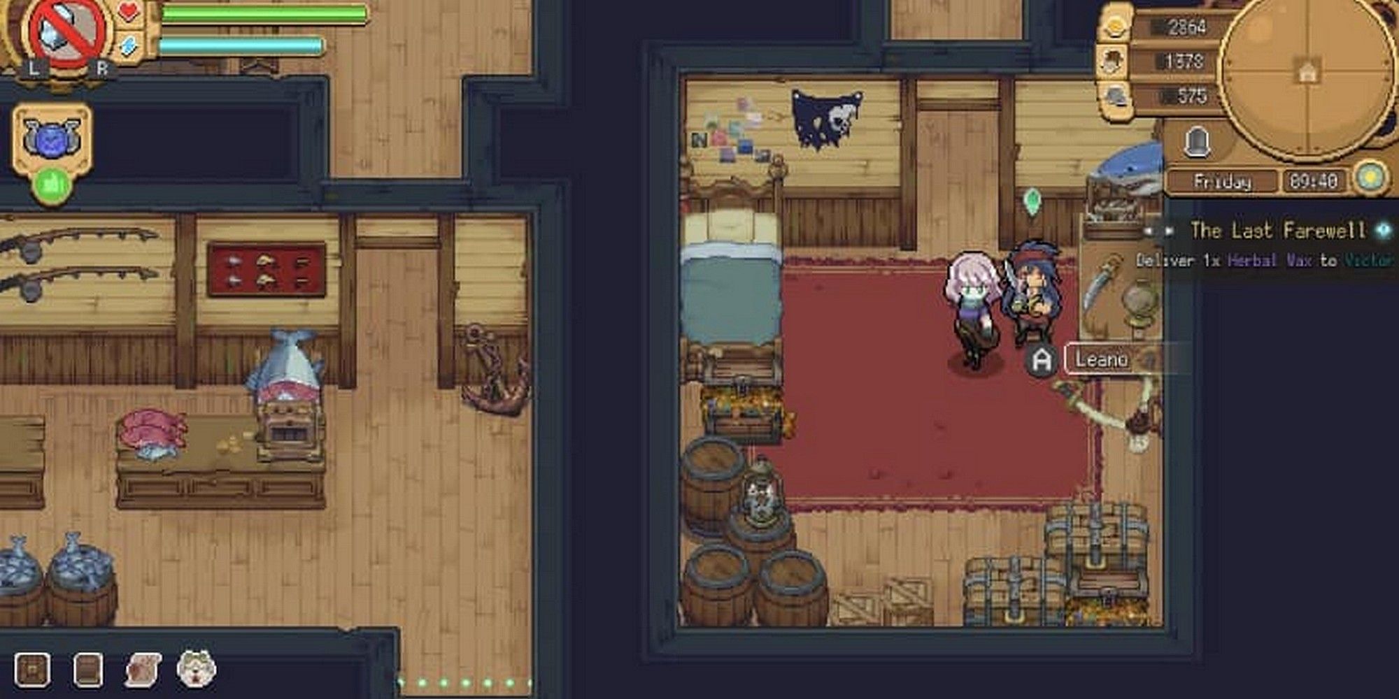 potion permit chemist and leano in her room at the fishing shop
