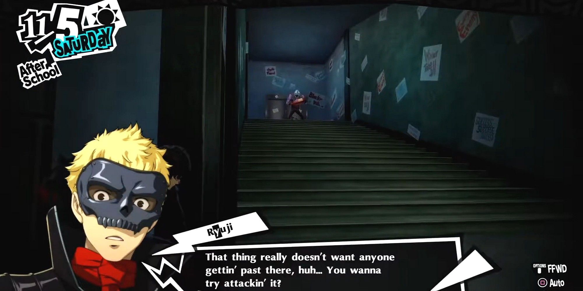 ryuji before the queen mab fight for the security key at sae's casino