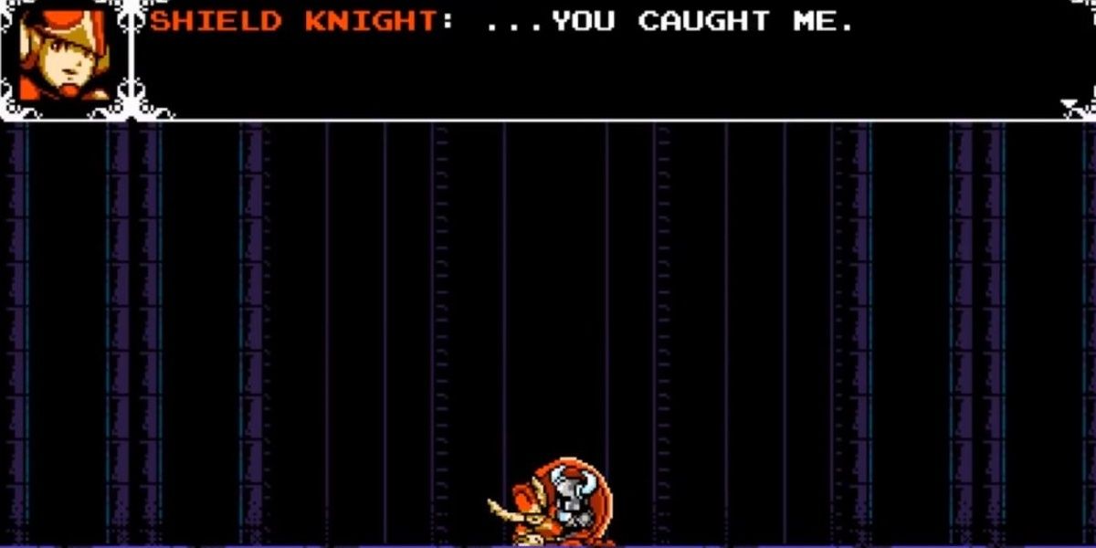 Shovel Knight catches a falling Shield Knight in Shovel Knight