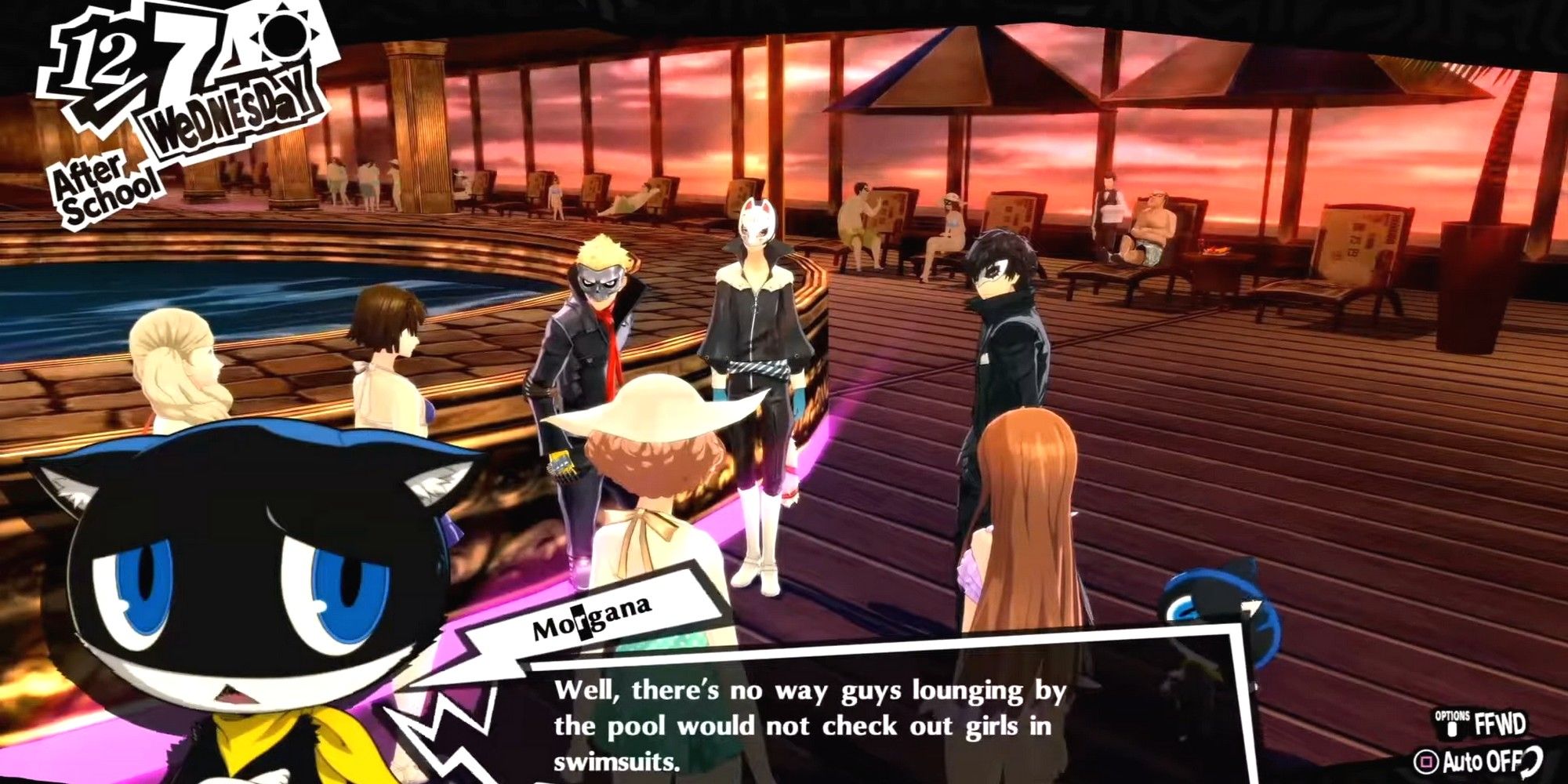 the thieves discussing the plan to get the vip to talk to them using girls in bikinis