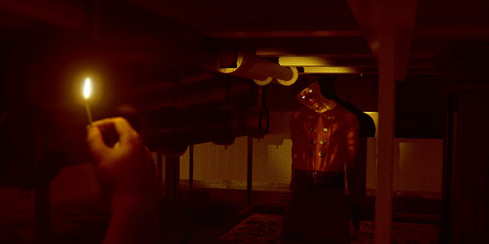 Under: Depths Of Fear screenshot, showing a dark area lit by a match, half-flooded with water. A figure with glowing white eyes stands at the back.