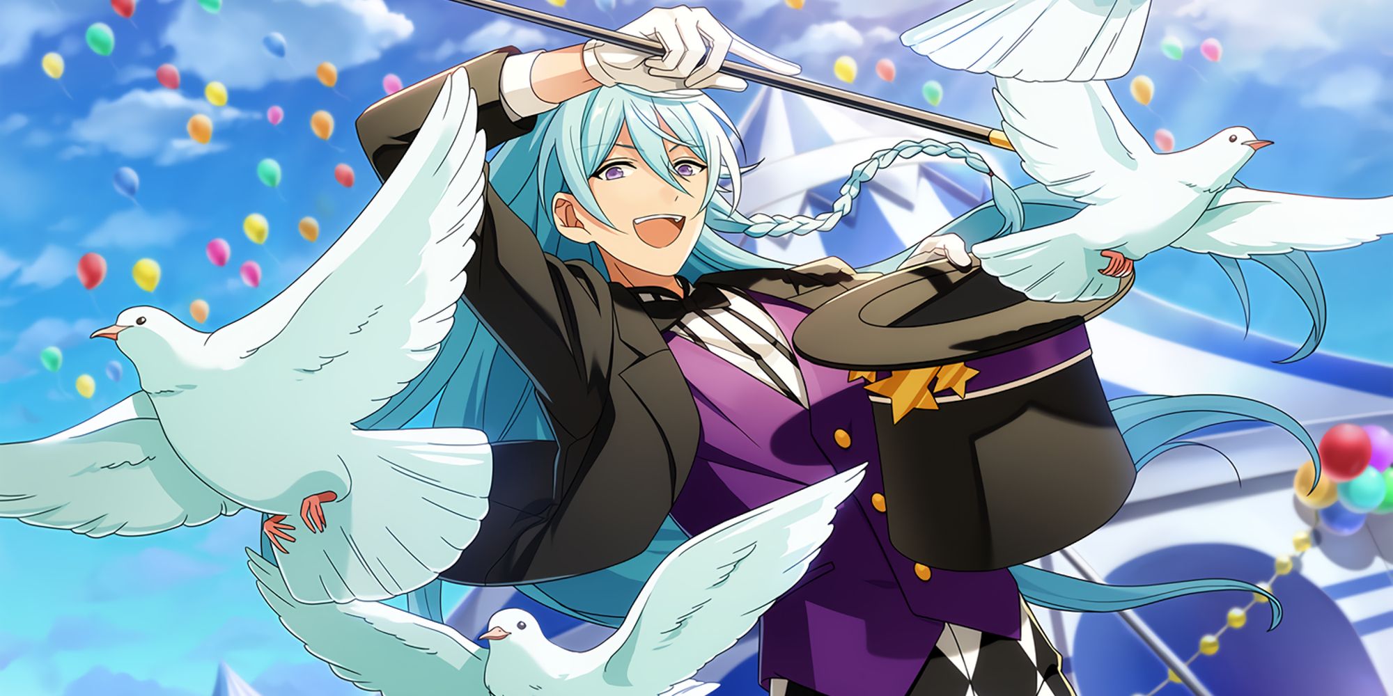 Wataru Hibiki from Ensemble Stars, summoning a flurry of doves from inside a black top hat.
