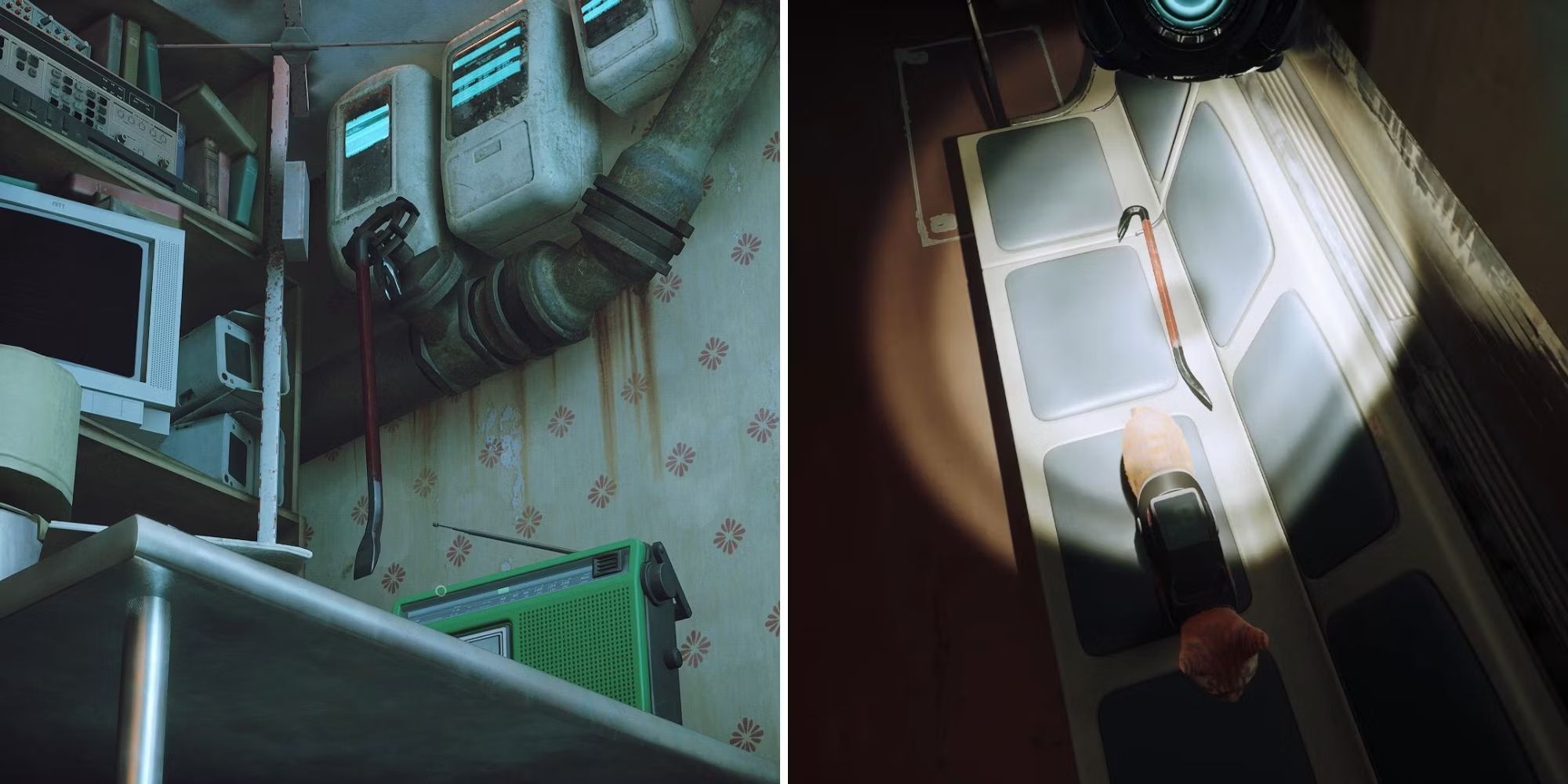 Left: Crowbar hanging on a valve; Right: Crowbar on a subway seat