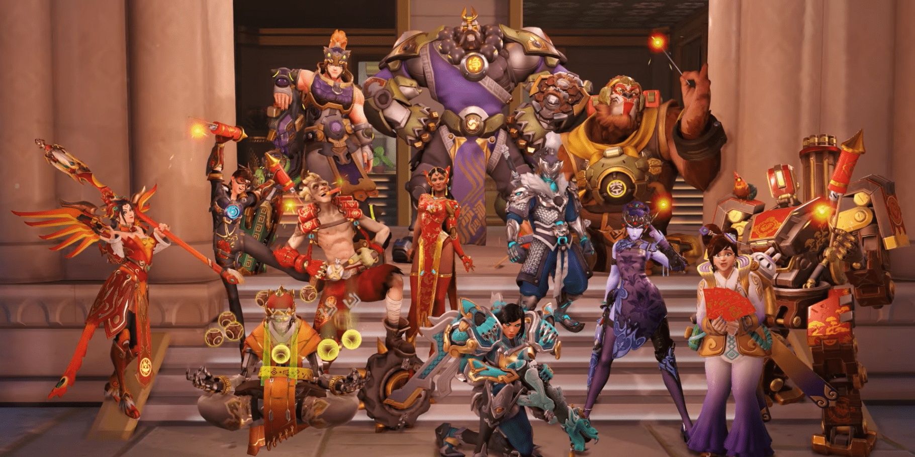 Many characters from Overwatch, all wearing a Lunar New Year skin