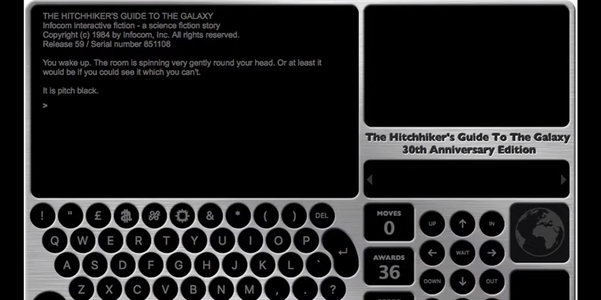 A console interface showing a keypad, directional buttons, and a screen describing a pitch black scene