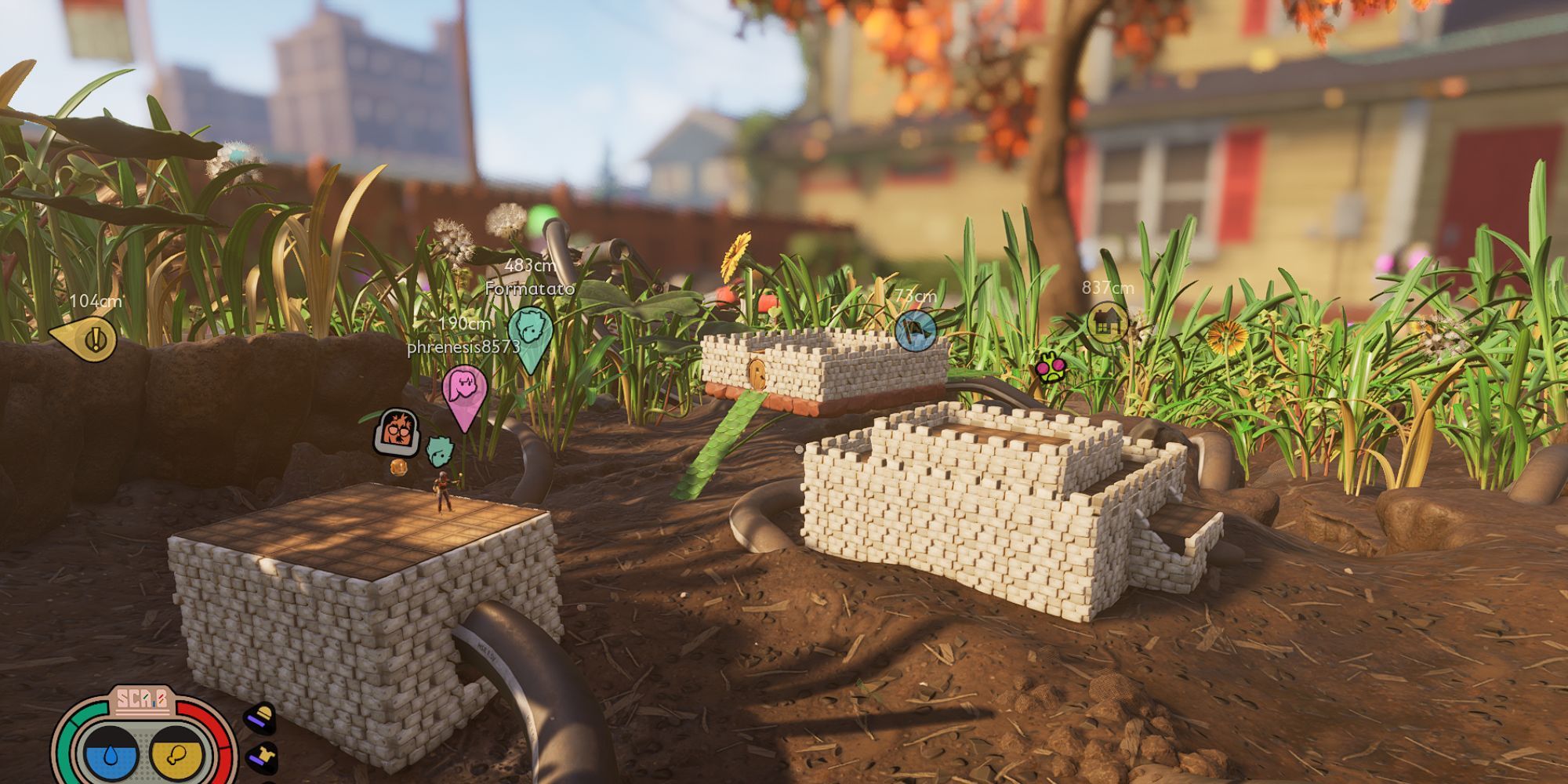 Two modules fully encased in mushroom wall structures, with a higher mushroom base with constructions