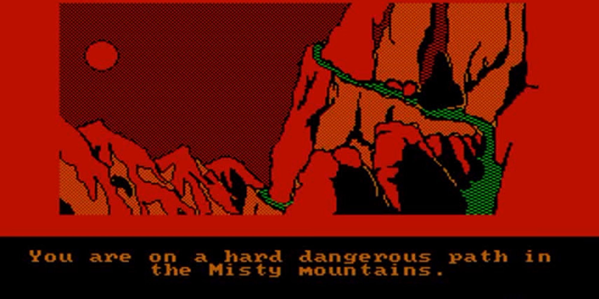 Text says "you are on a hard dangerous path in the Misty Mountains" as the image shows a full moon cast over the winding path on the side of the Misty Mountains