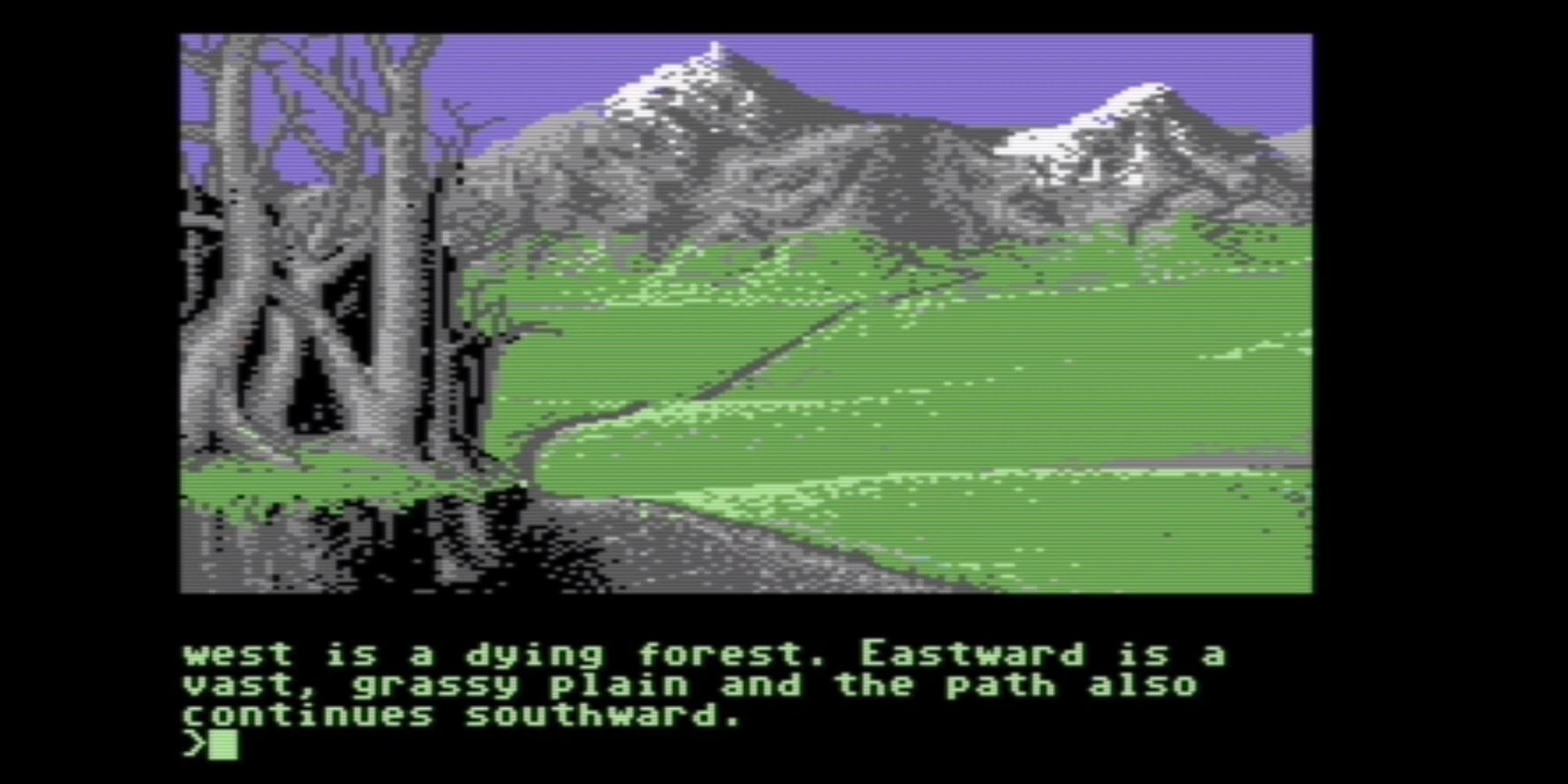Snowy mountains stand in the distance of a long stretch of grass, with a dying forest and long roads. Text at the bottom describes these paths