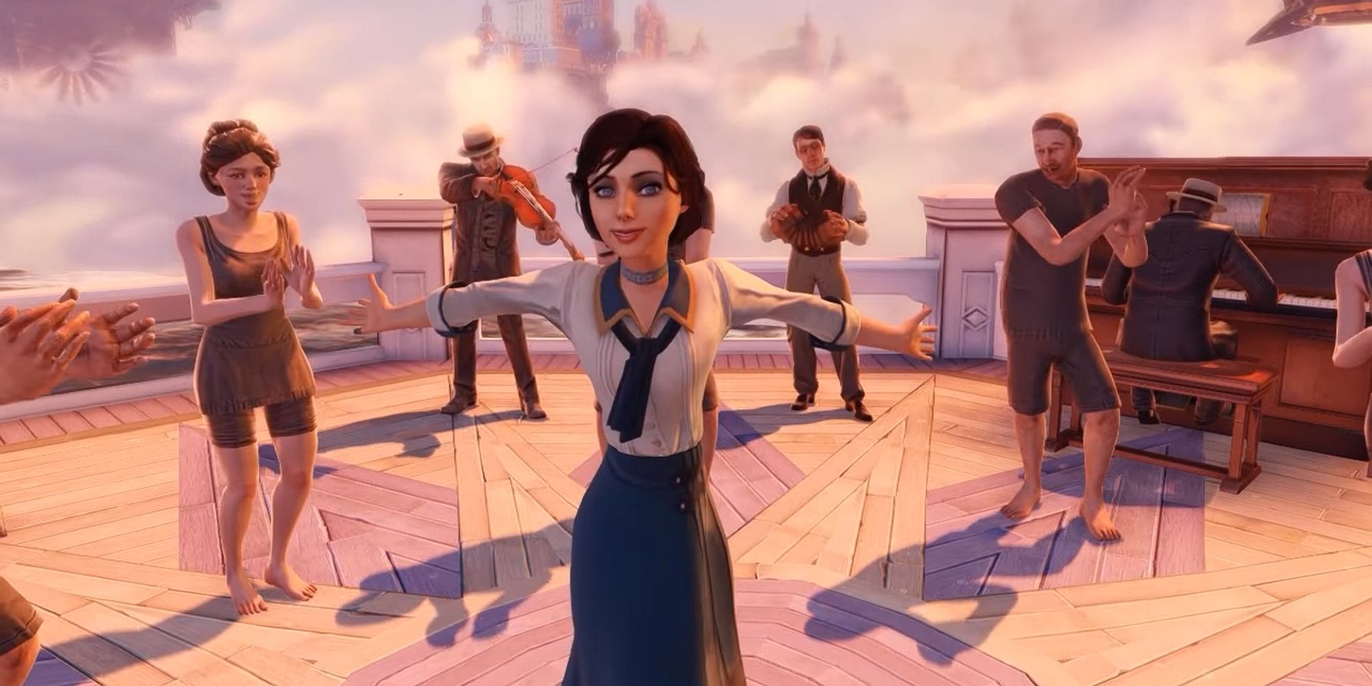 Elizabeth spreads her arms happily as she finishes dancing on the pier with the Columbia residents clapping around her