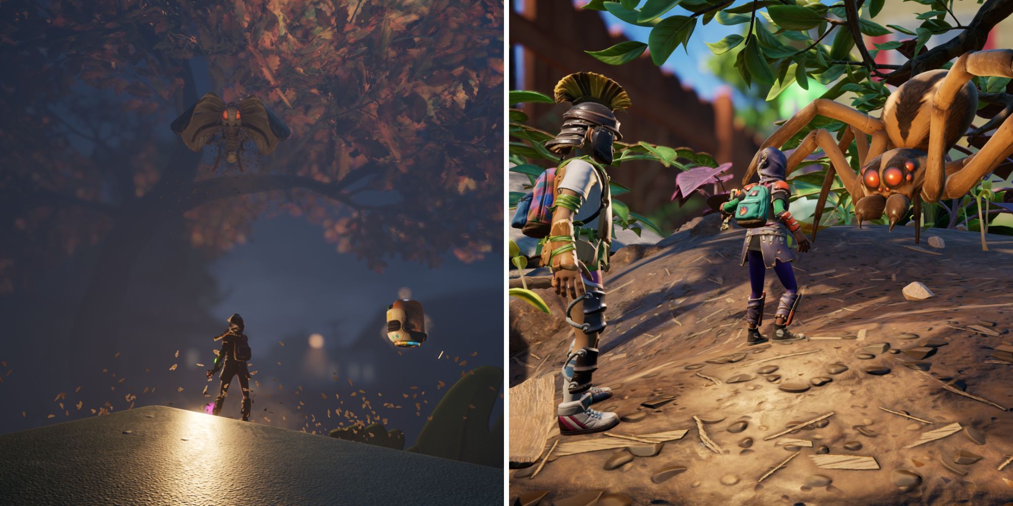 Wendell and Willow face a moth; Hoops and Willow wear Roly Poly and Acorn armor pieces while facing a large spider