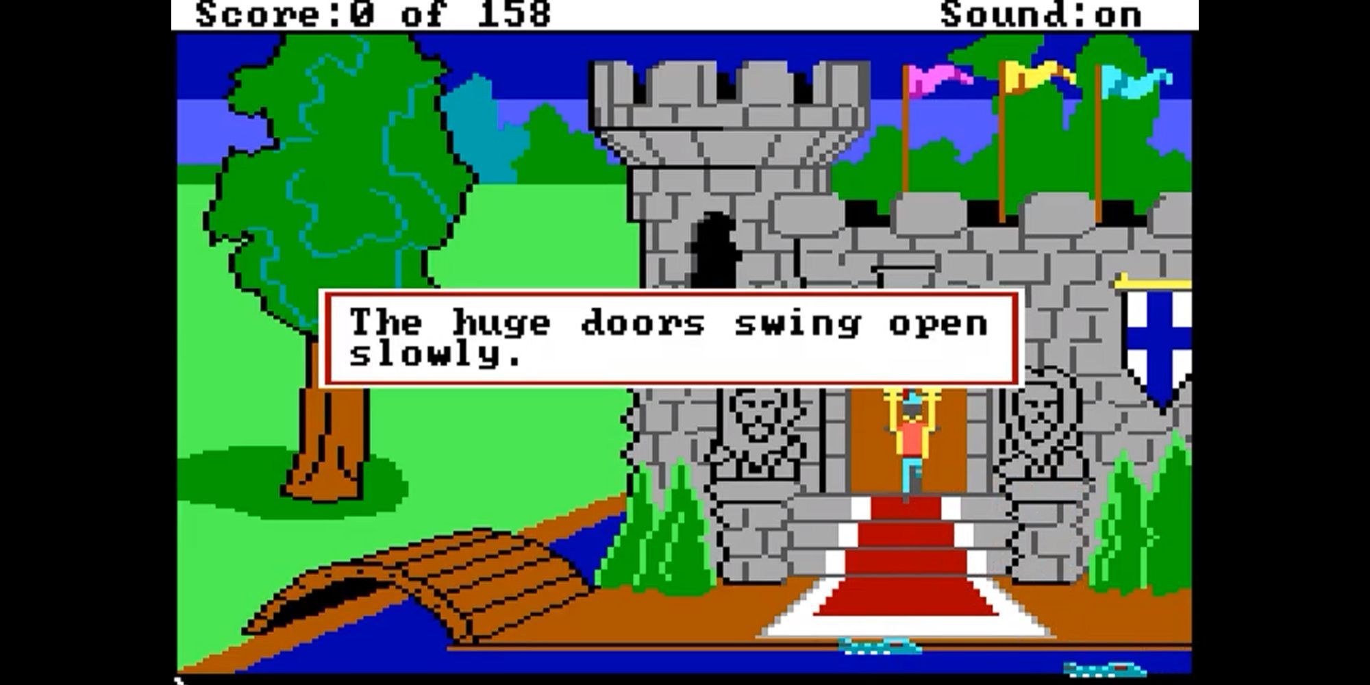 Sir Graham faces the doors of a large rock palace with a moat, a tree, colorful flags, and crocodiles in the water. Text notes that the doors have swung open slowly