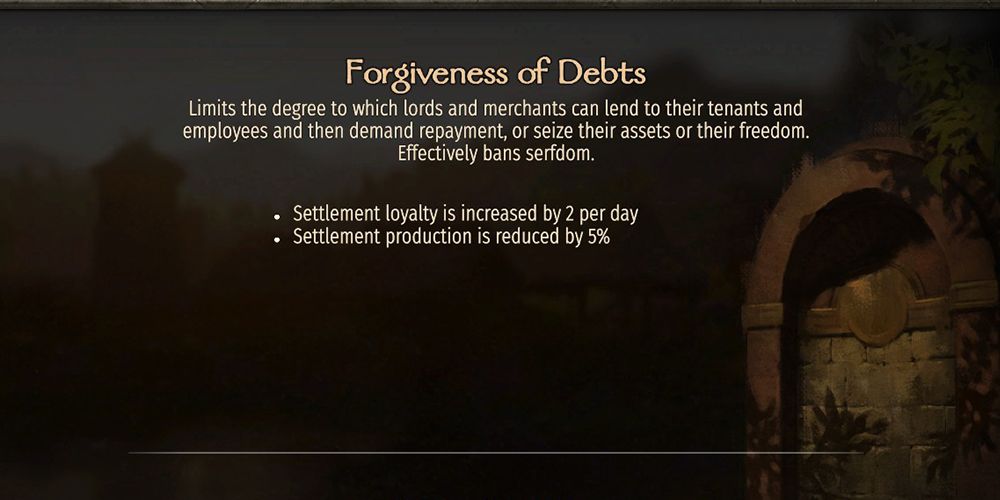 Forgiveness of Debts: Settlement loyalty is increased by 2 per day. Settlement production is reduced by 5%.
