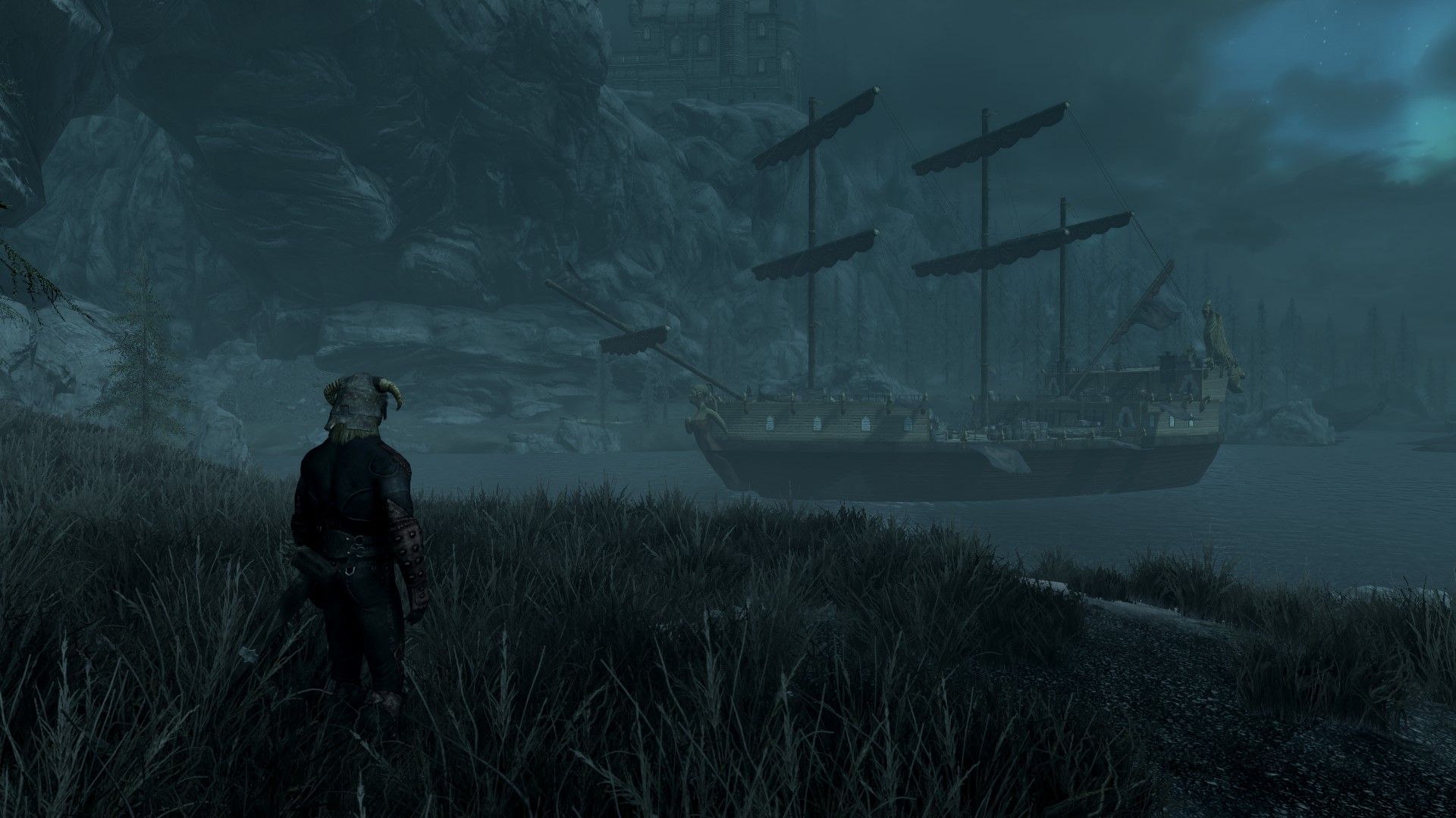 An assassin stares at a large ship moored in a narrow peninsula as he plots his entrance.