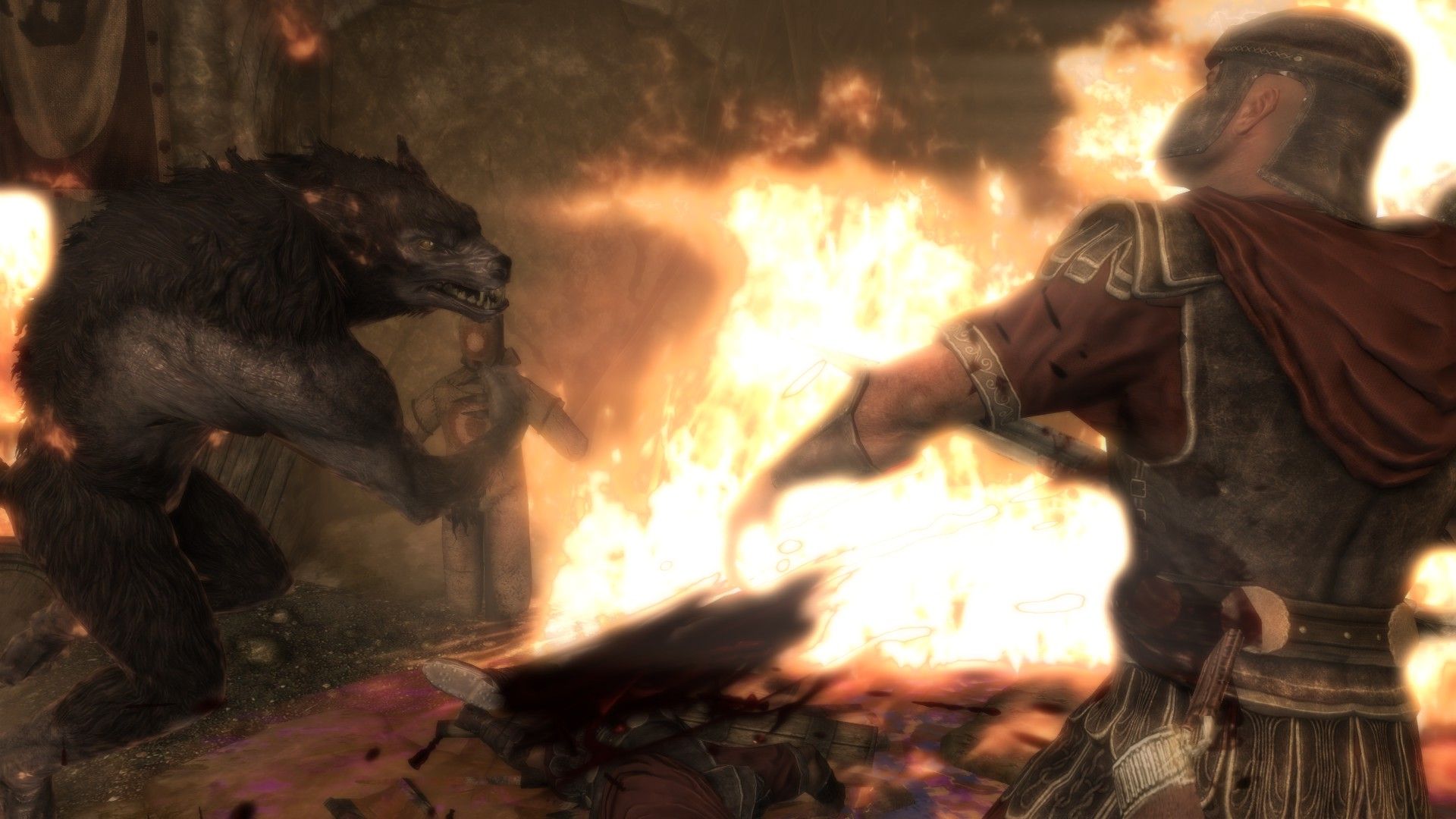 A werewolf fights against a soldier inside a burning building.