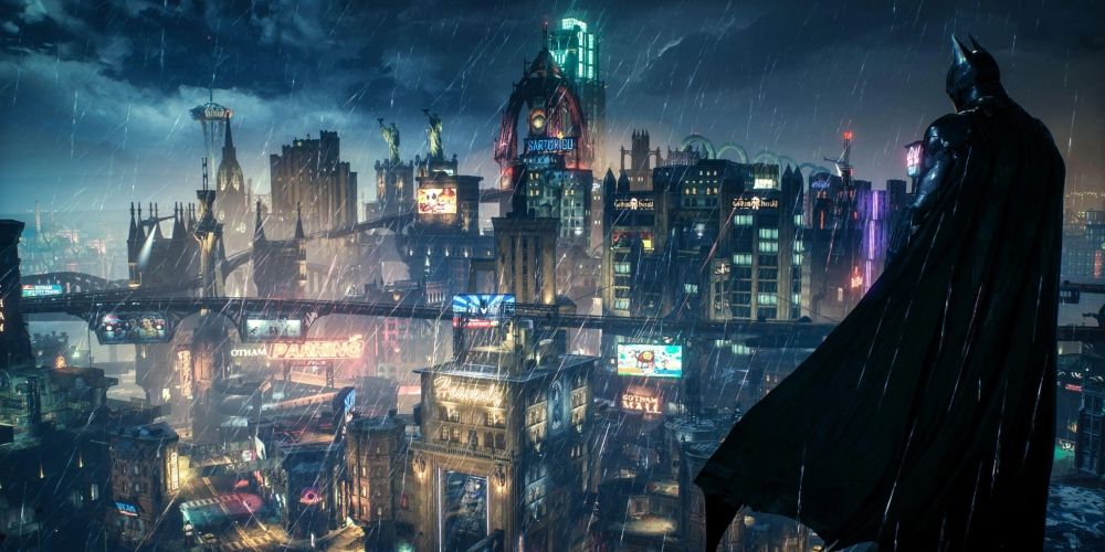 Batman overlooking Gotham City in Batman Arkham Knight