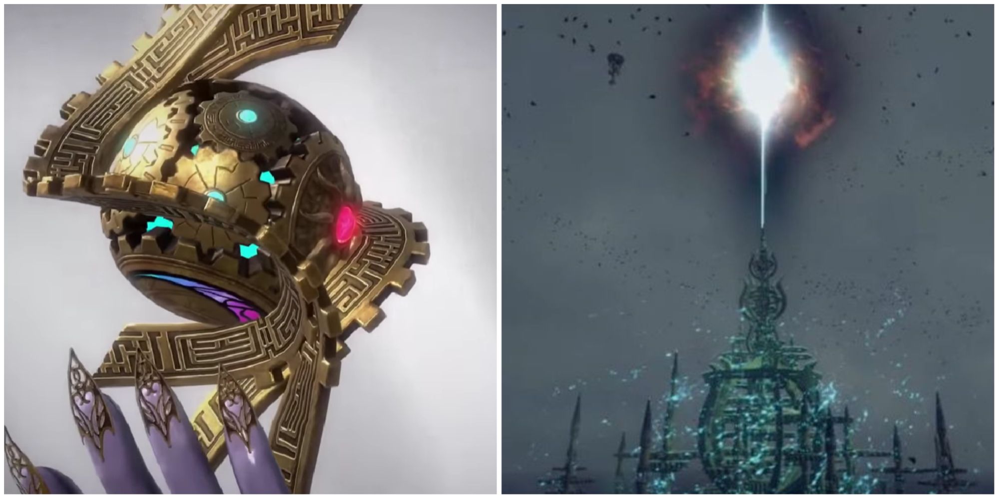 A chaos gear in Bayonetta's hand, and the isle of Thule shooting a beam