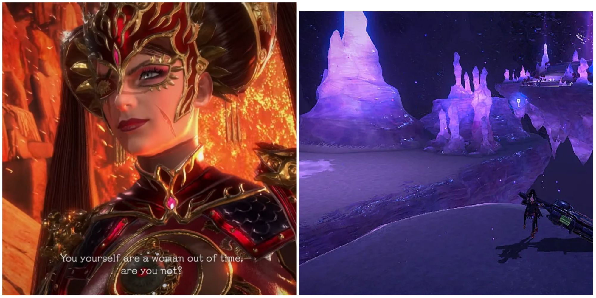 The China Bayonetta with lava flowing behind her, and Ginnungagap with Bayonetta to the side