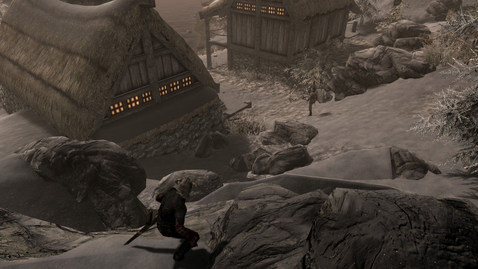 A man watches a woman travel home on a snowy evening in a rustic town.