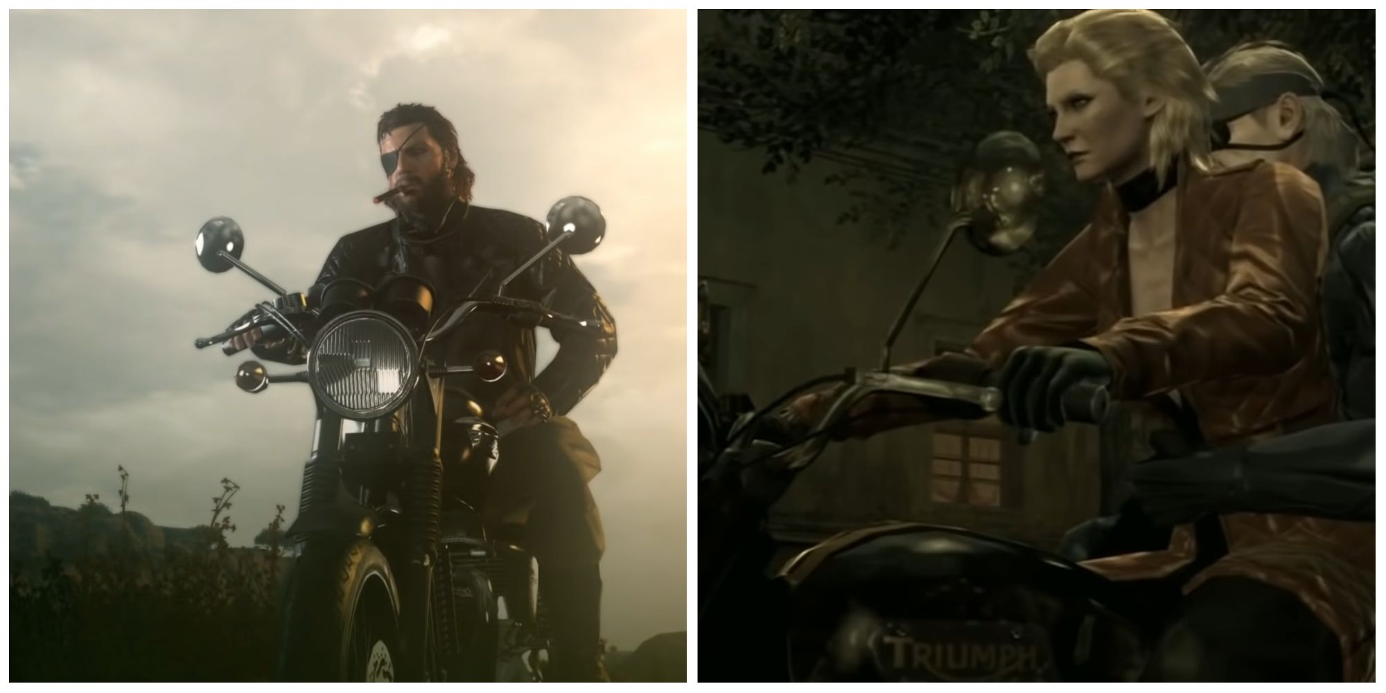 Big Boss is about to ride his motorcycle, and Eva and Snake are riding a motorcycle, as well from the Metal Gear Solid series.
