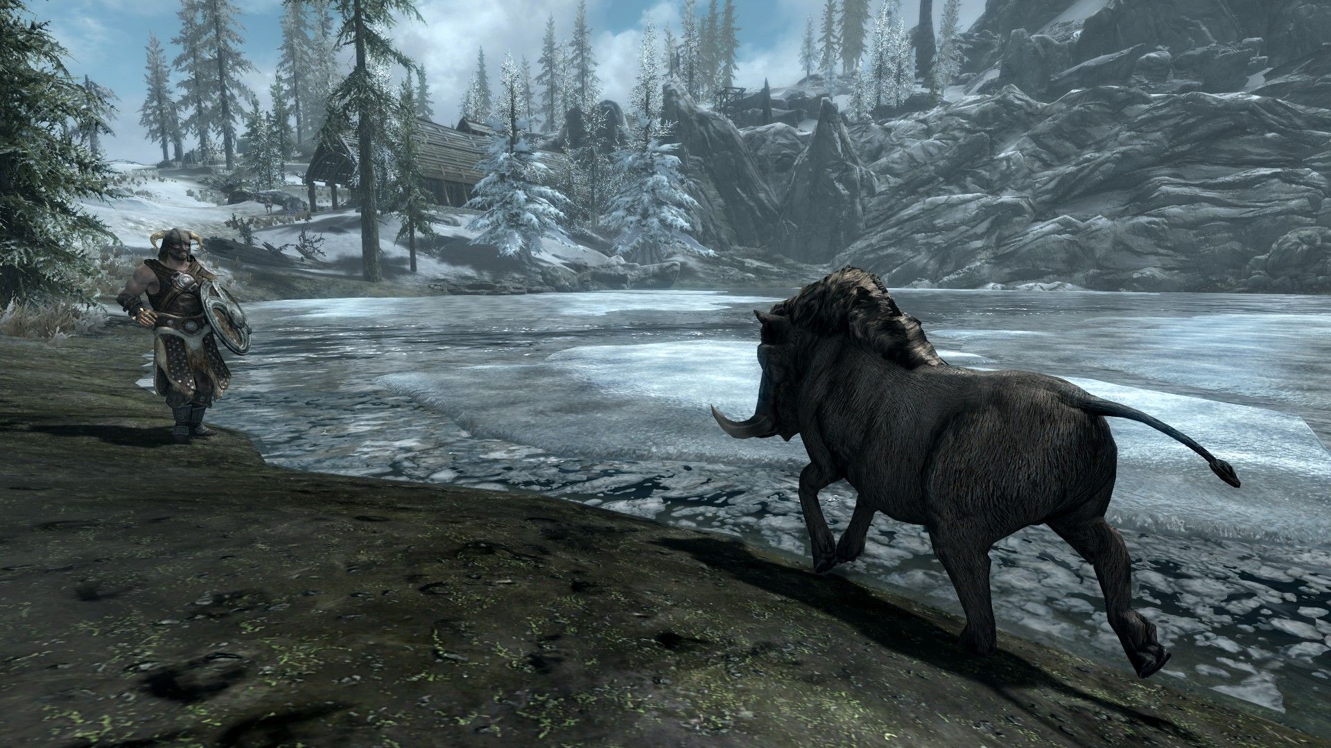 An adventurer lures a warthog-like creature toward a distant mead hall with a mead hall in the background.