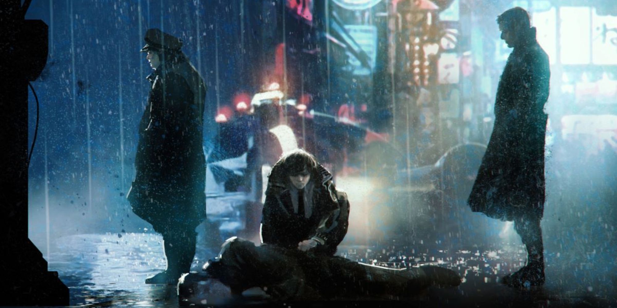 Blade Runner TTRPG Art Detectives Looking At Corpse In Rain