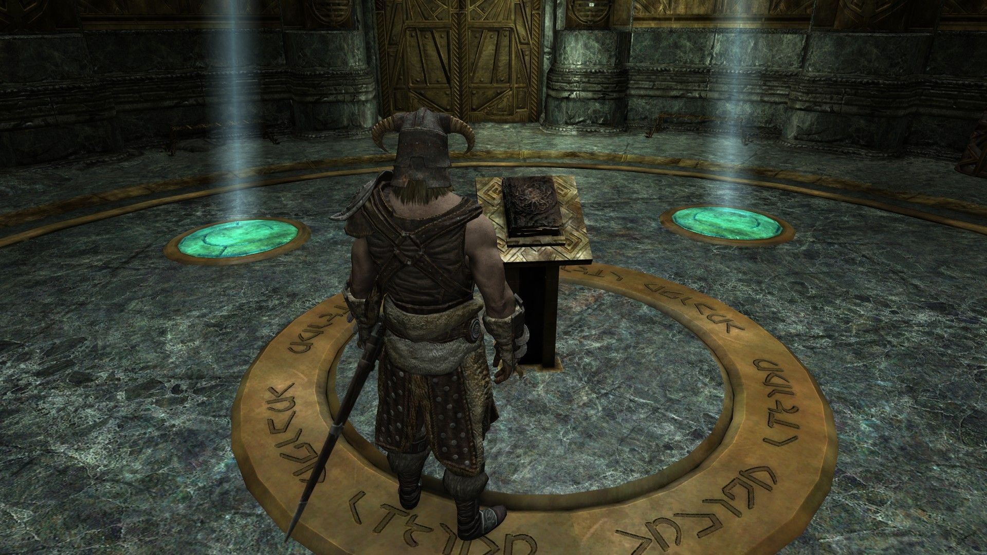 A man gazes down at a forbidden tome presented on a pedestal.