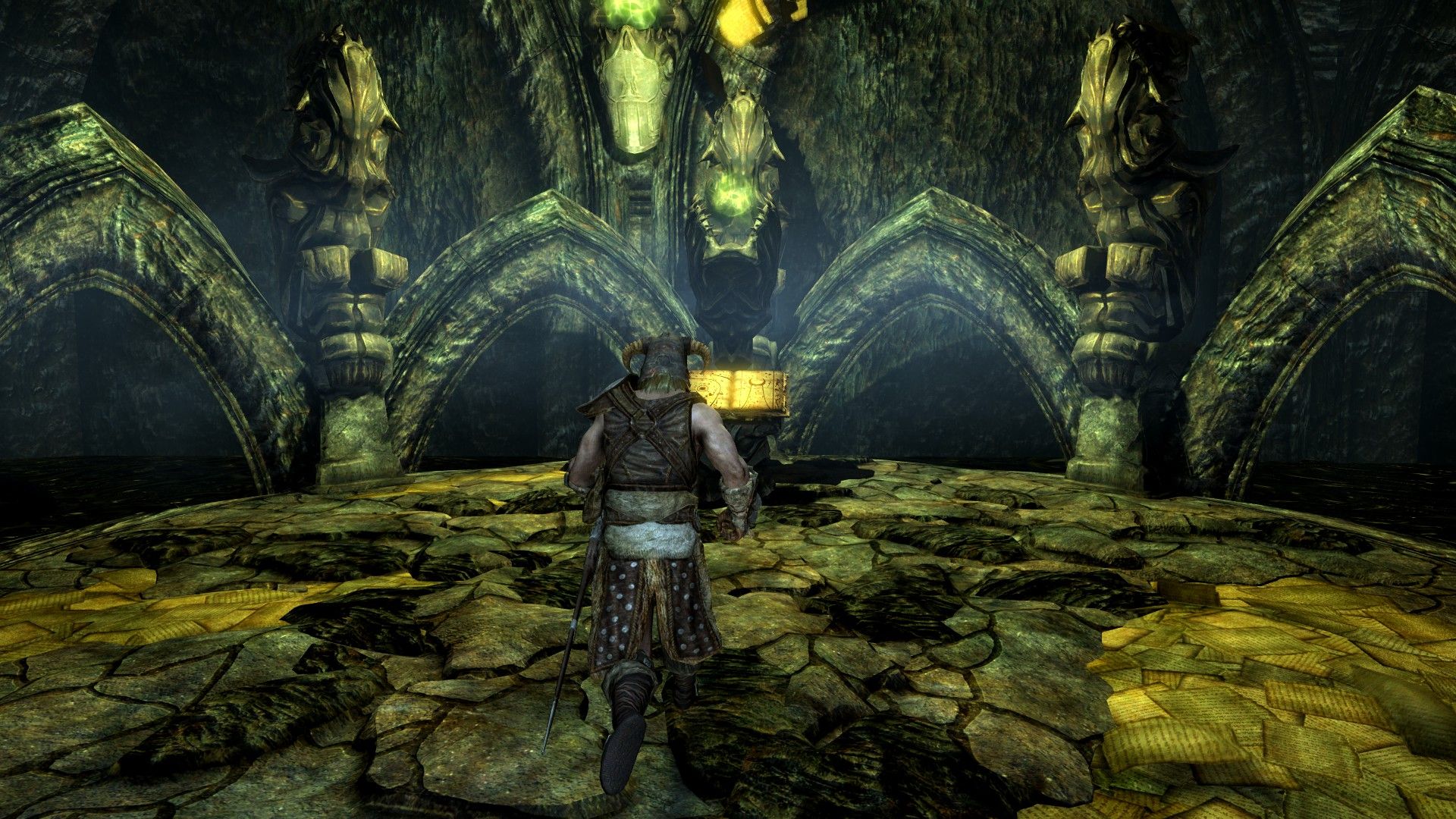 A man approaches a book in a strange, alien realm