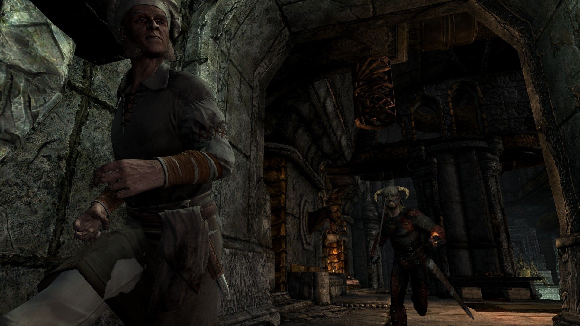 An assassin sprints after his terrified prey as they race through stone halls.
