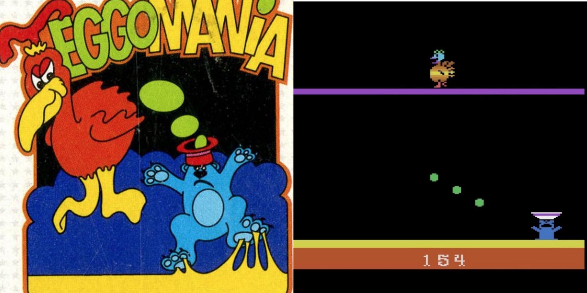 Eggomania game box, Turkey (or chicken) laying eggs down onto a bear with a hat