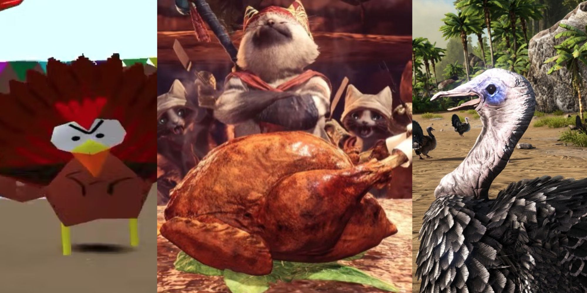 Angry turkeys from South Park, a roasted turkey from Monster Hunter, Super Turkey from ARK
