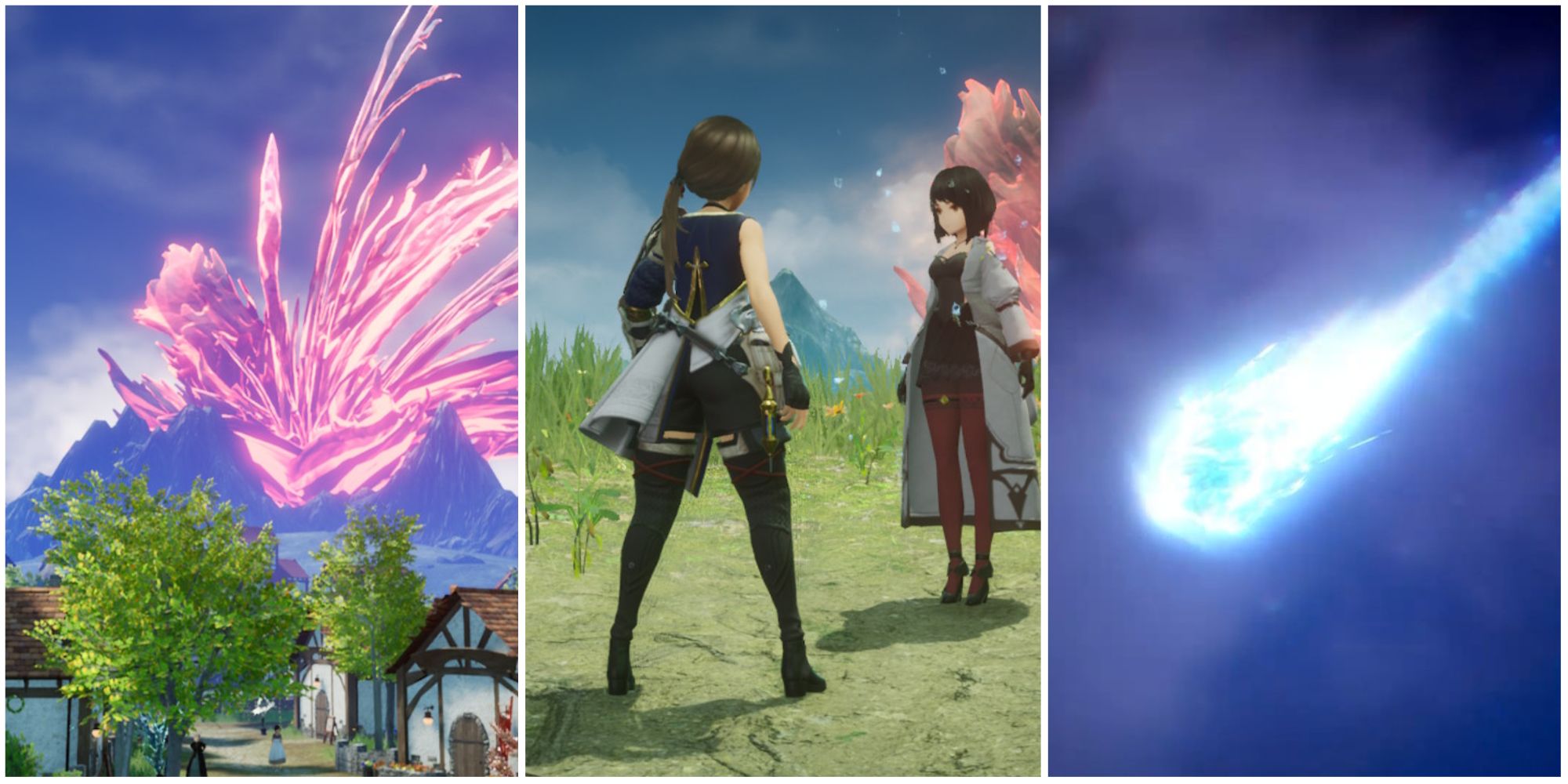 A collage showing off the town of Lethe, the player talking with the doctor, and a falling meteor in Harvestella.